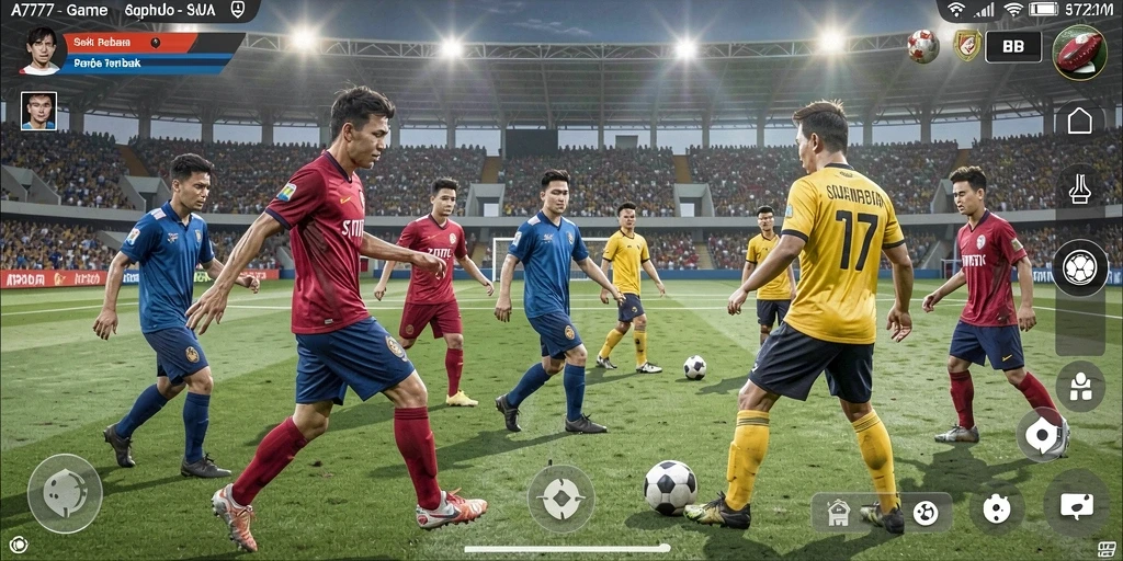 Screenshot gameplay A7777 menampilkan aksi mendebarkan dalam pertandingan sepak bola.