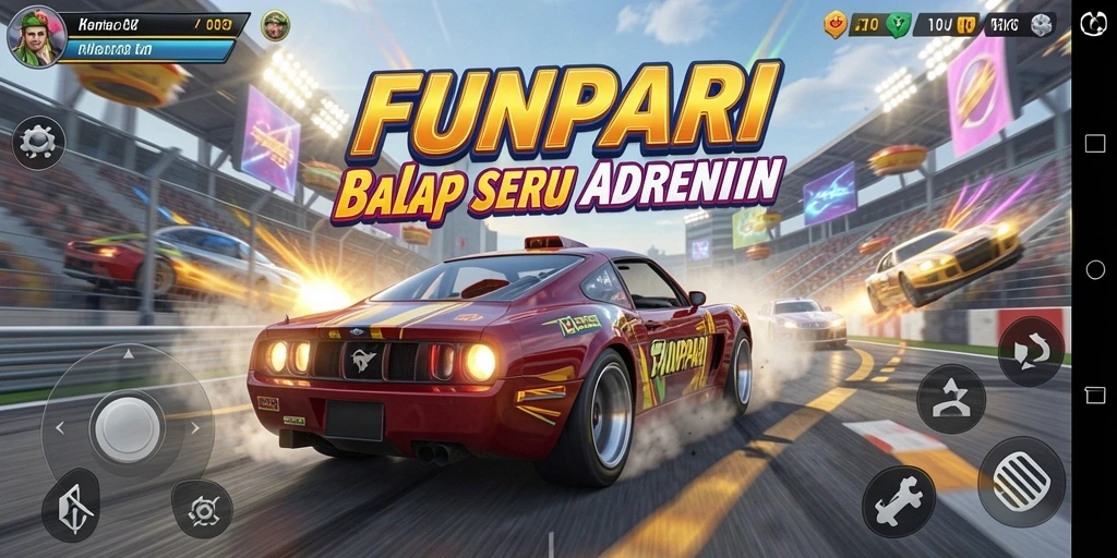 Screenshot gameplay FUNPARI menampilkan aksi balapan yang mendebarkan.