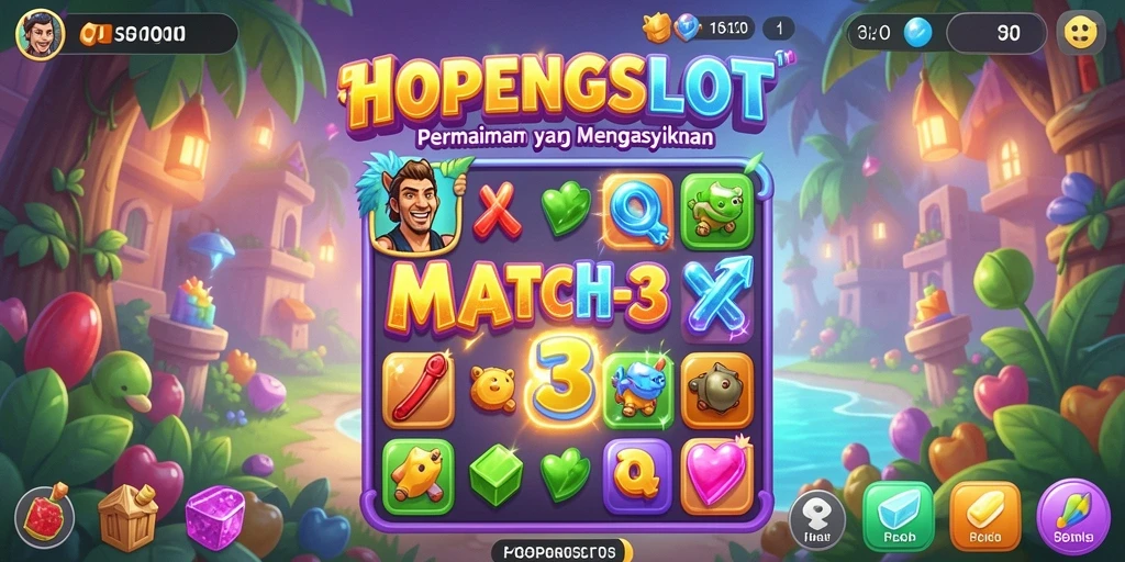 Tampilan gameplay HOPENGSLOT dengan elemen Match-3 yang berwarna-warni.