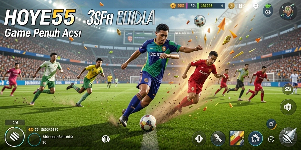 Tampilan gameplay menegangkan dalam HOYE55 dengan aksi sepakbola nyata.