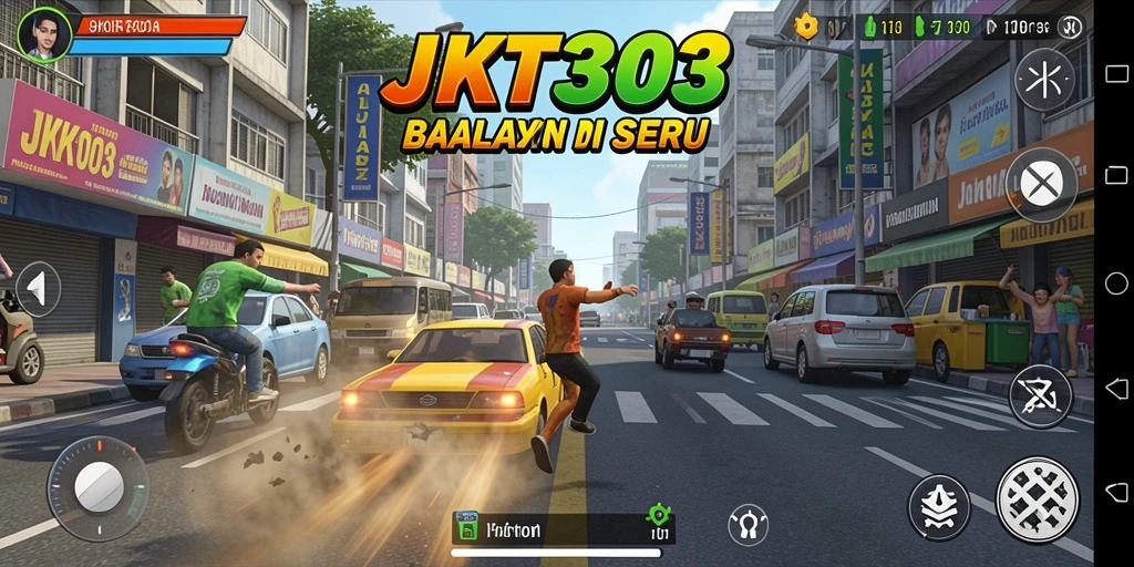 Gameplay JKT303 menampilkan aksi balapan seru di jalanan kota.
