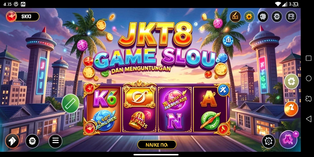 Screenshot gameplay JKT8 menampilkan simbol slot yang berwarna-warni.