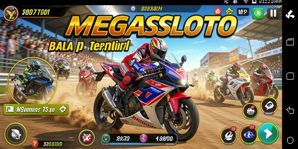 Gameplay seru MEGASLOTO yang menampilkan balapan motor penuh adrenalin.