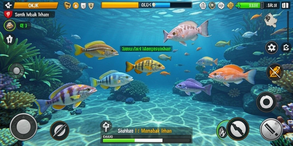 Screenshot utama OKJK menampilkan aksi menembak ikan yang seru.